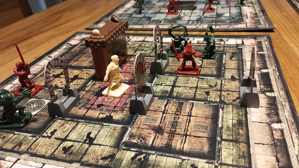 Mapa impreso con puertas, miniaturas y mobiliario de fantasía